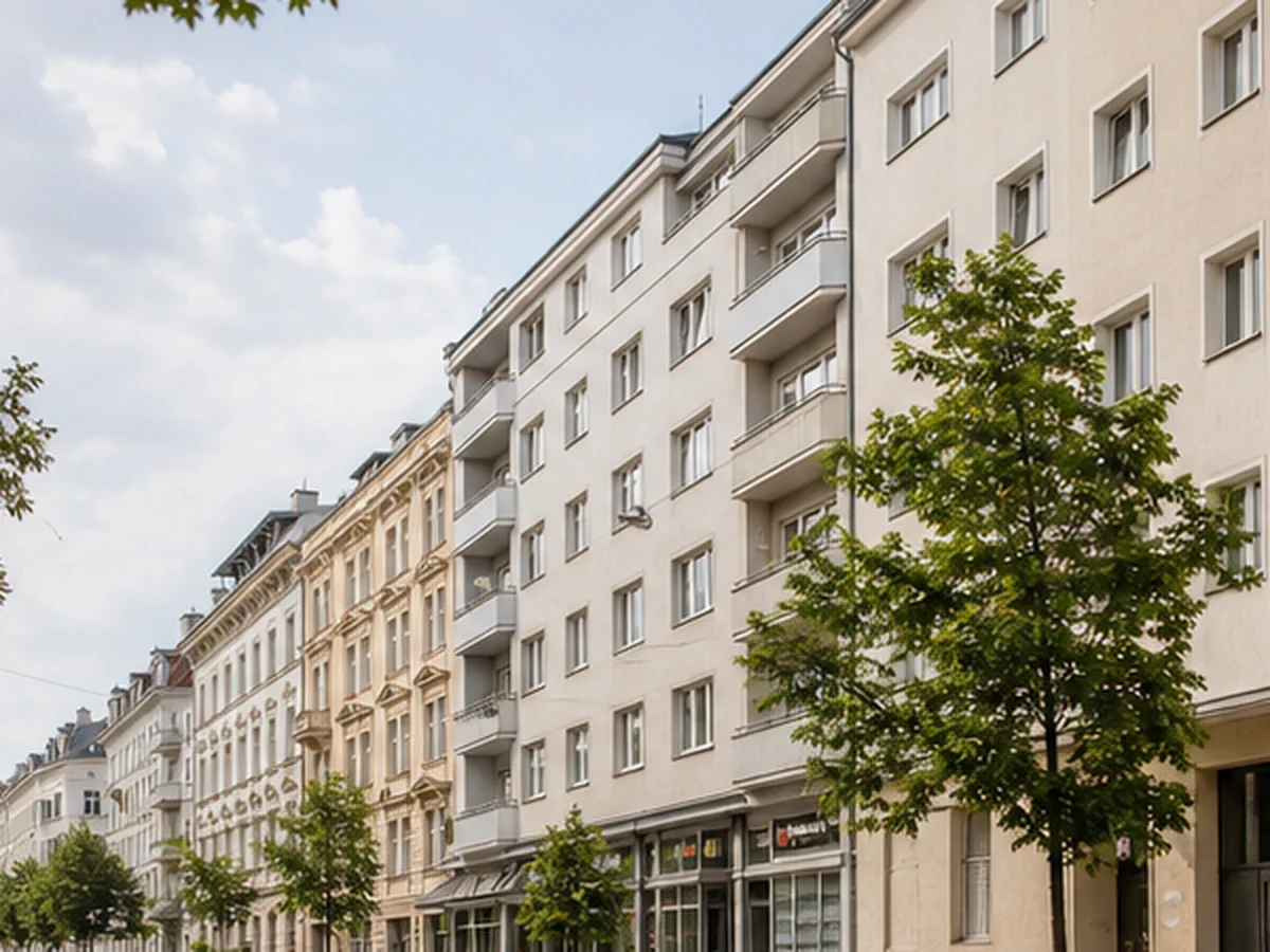 Wiener Straßenzug mit Wohnhäusern und kleinen Geschäften